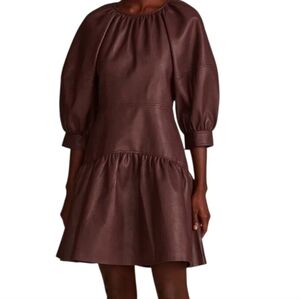 Rebecca Taylor Burgundy Faux Leather Tiered Dress Women Size 10 Puff Sleeve Mini